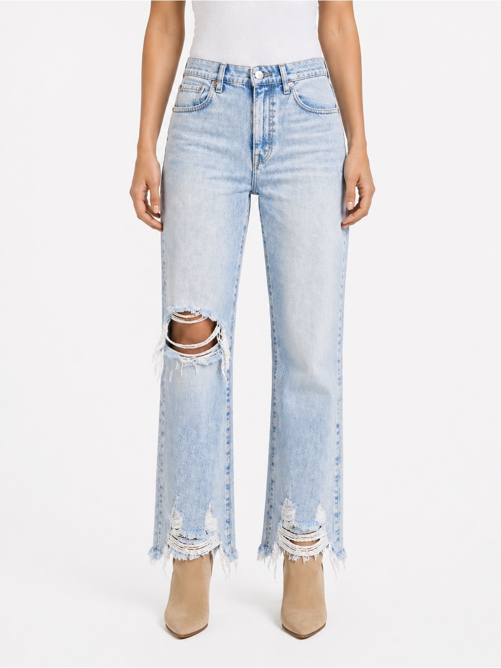 Good American Distressed Straight Leg Jeans Light Wash Raw Hem Size 8